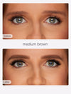 Upper image shows a person's eyes with natural eyebrows; lower image shows same eyes with enhanced eyebrows. Both images labeled before and after respectively. Text reads medium brown.