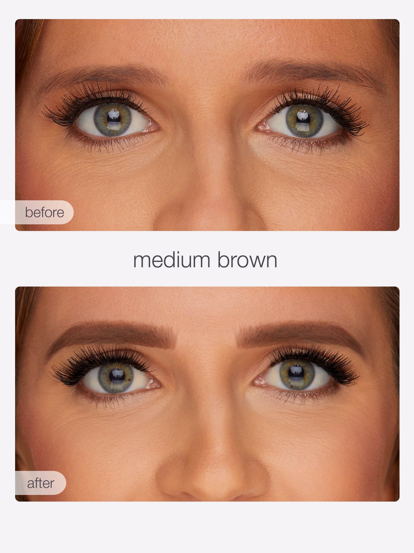 Upper image shows a person's eyes with natural eyebrows; lower image shows same eyes with enhanced eyebrows. Both images labeled before and after respectively. Text reads medium brown.