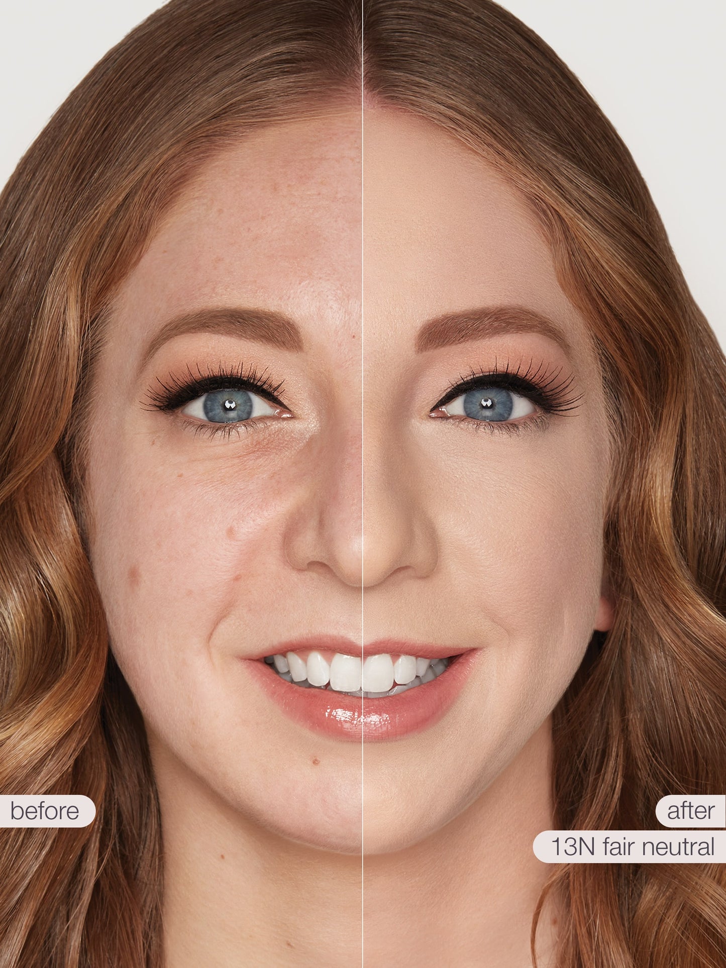 Before and after makeup comparison on a woman's face with neutral background