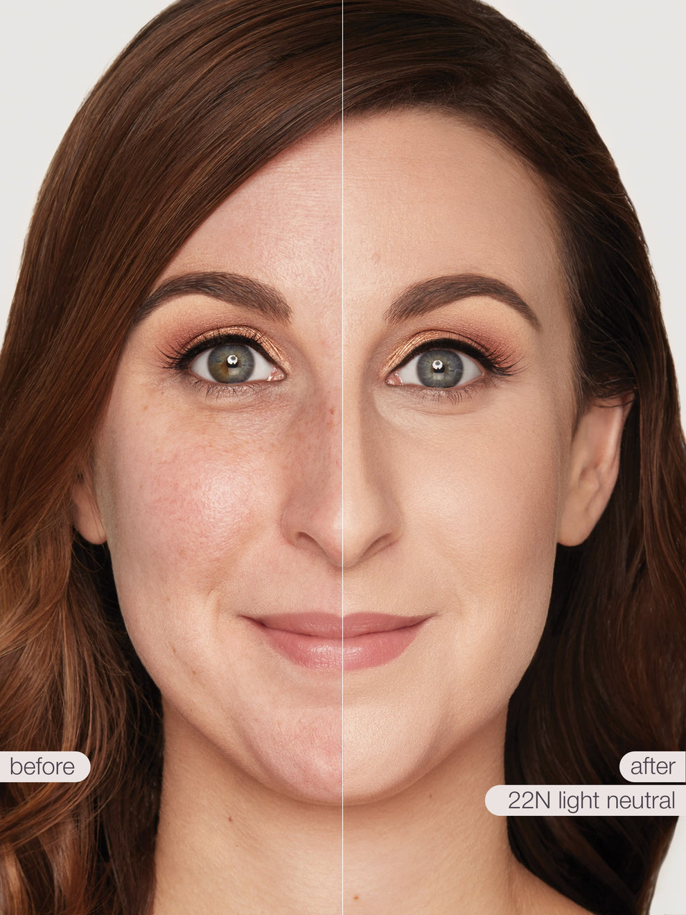 Before and after comparison of a woman's face with makeup application on a neutral background.