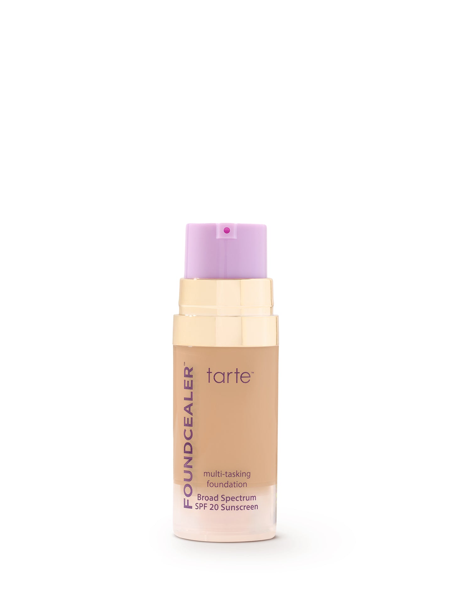 Tarte multi-tasking foundation bottle with purple cap on a white background