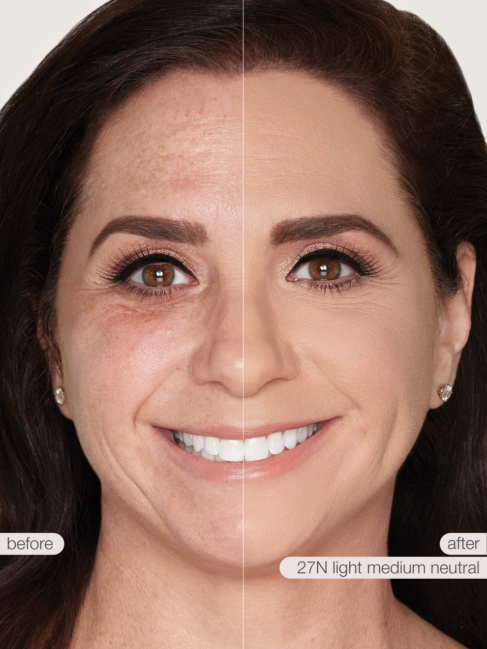 Before and after comparison of a woman's face with cosmetic application labeled '27N light medium neutral'.