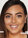 Before and after comparison of a woman's face with a tan sand makeup color swatch.