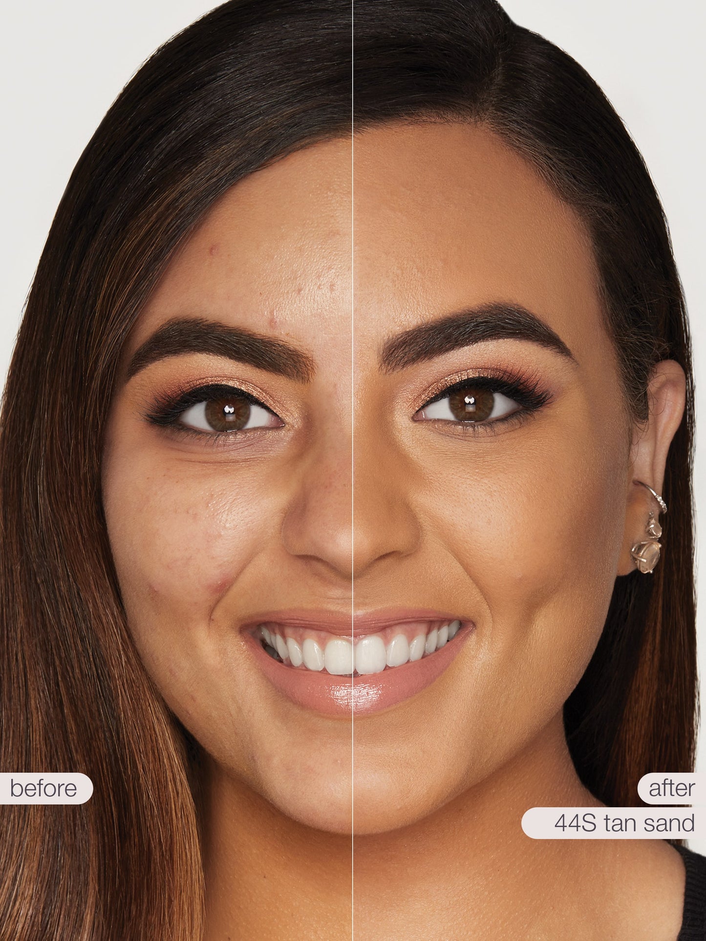 Before and after comparison of a woman's face with a tan sand makeup color swatch.
