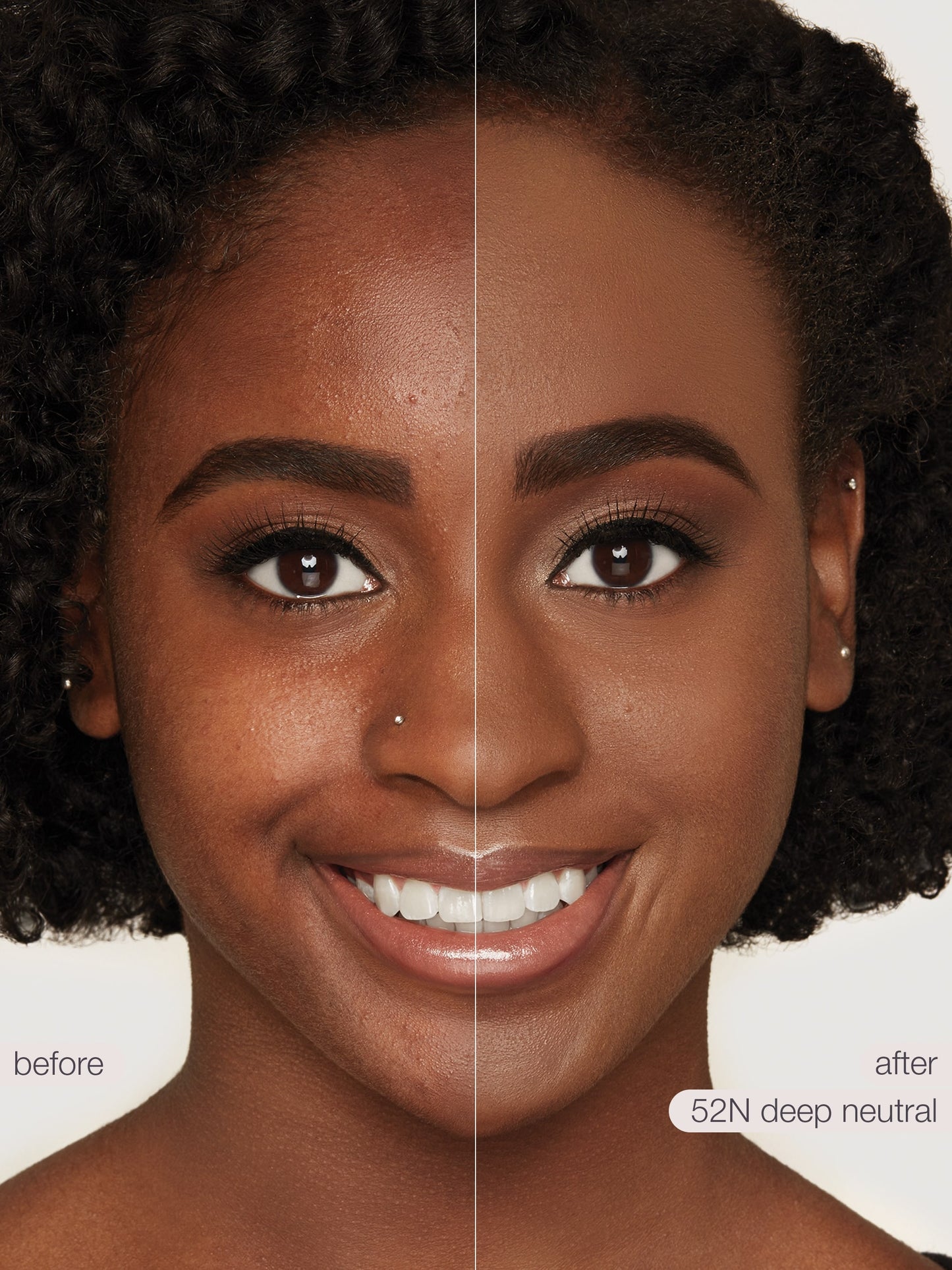 Before and after comparison of a woman's face with cosmetic application on a neutral background