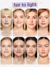 A shade guide to tarte shape tape creamy concealer showing eight portrait photos of a woman with different skin tones titled  'fair to light'