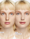 Before and after comparison of a woman's face with blonde hair, showing a cosmetic effect.