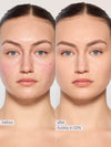 Before and after comparison of a woman's face with text indicating product name and shade.