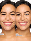 Before and after comparison of a woman's face with text indicating product name and effect.