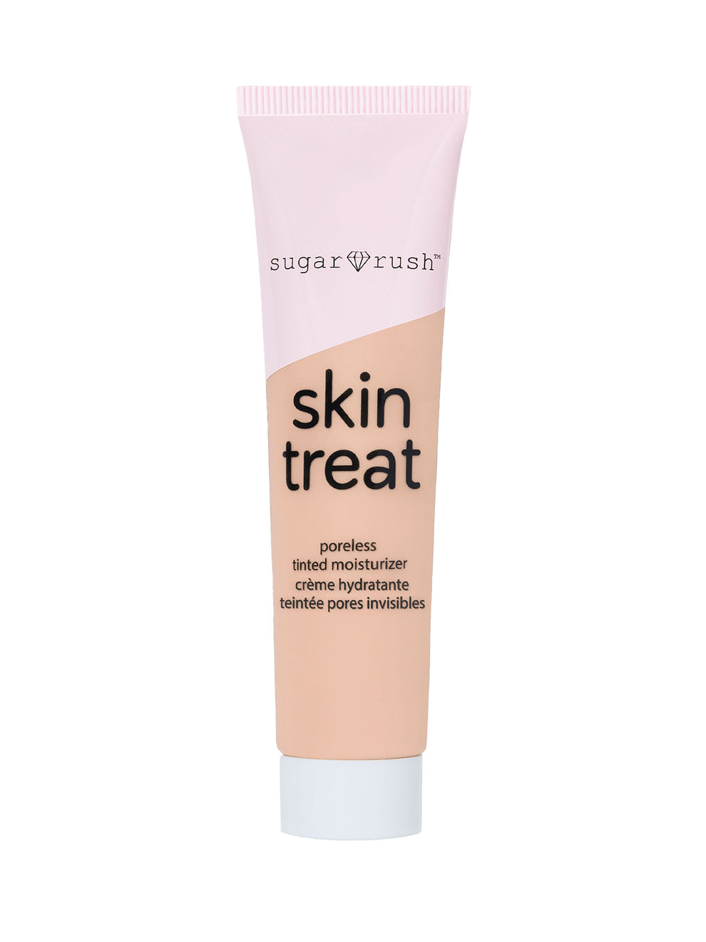 Tube of 'sugar rush' skin treat poreless tinted moisturizer on a white background