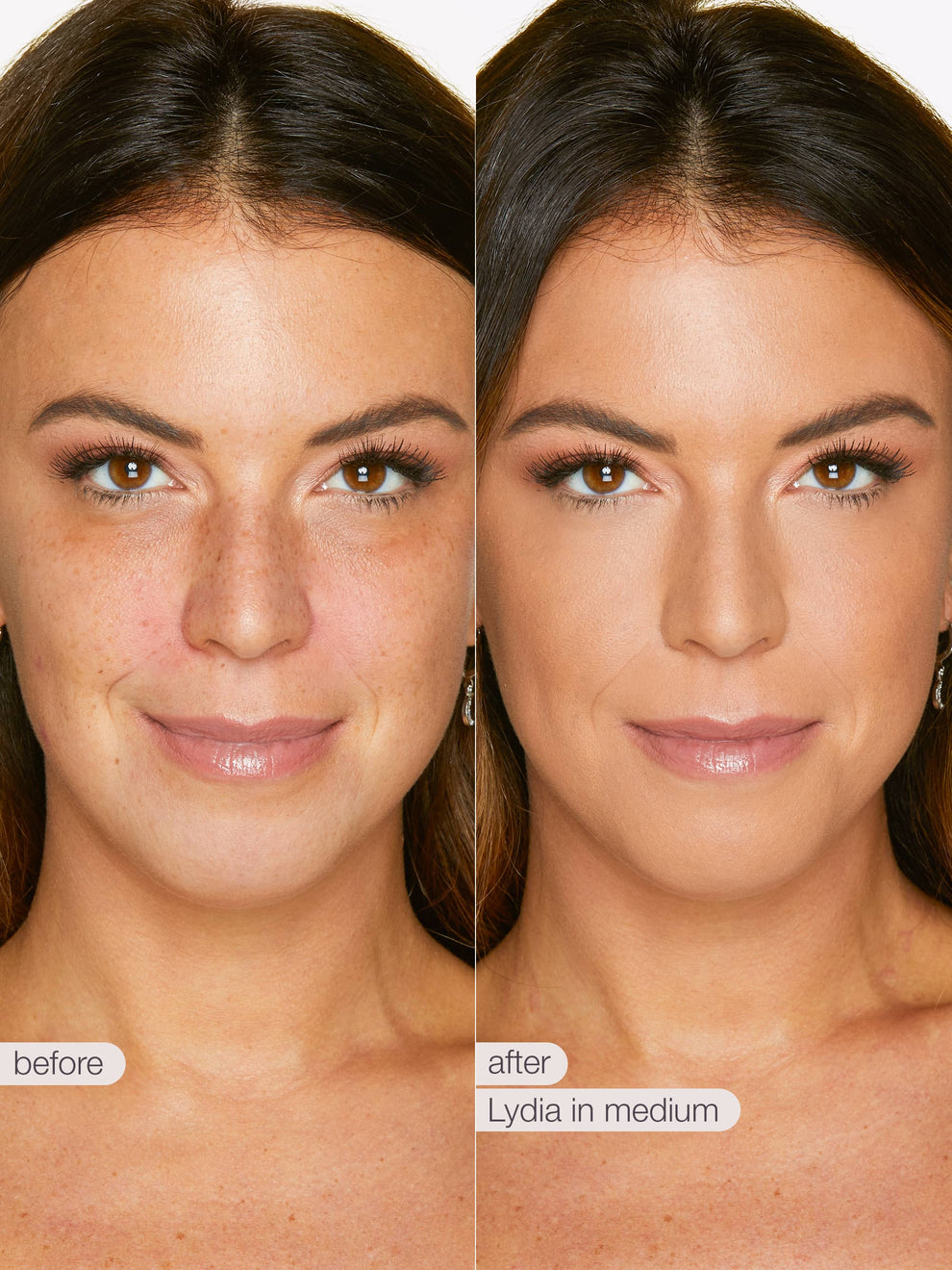 Before and after comparison of a woman's face with text indicating 'before' and 'after' and product name.