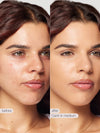 Before and after comparison of a woman's face with Cami foundation in medium shade.