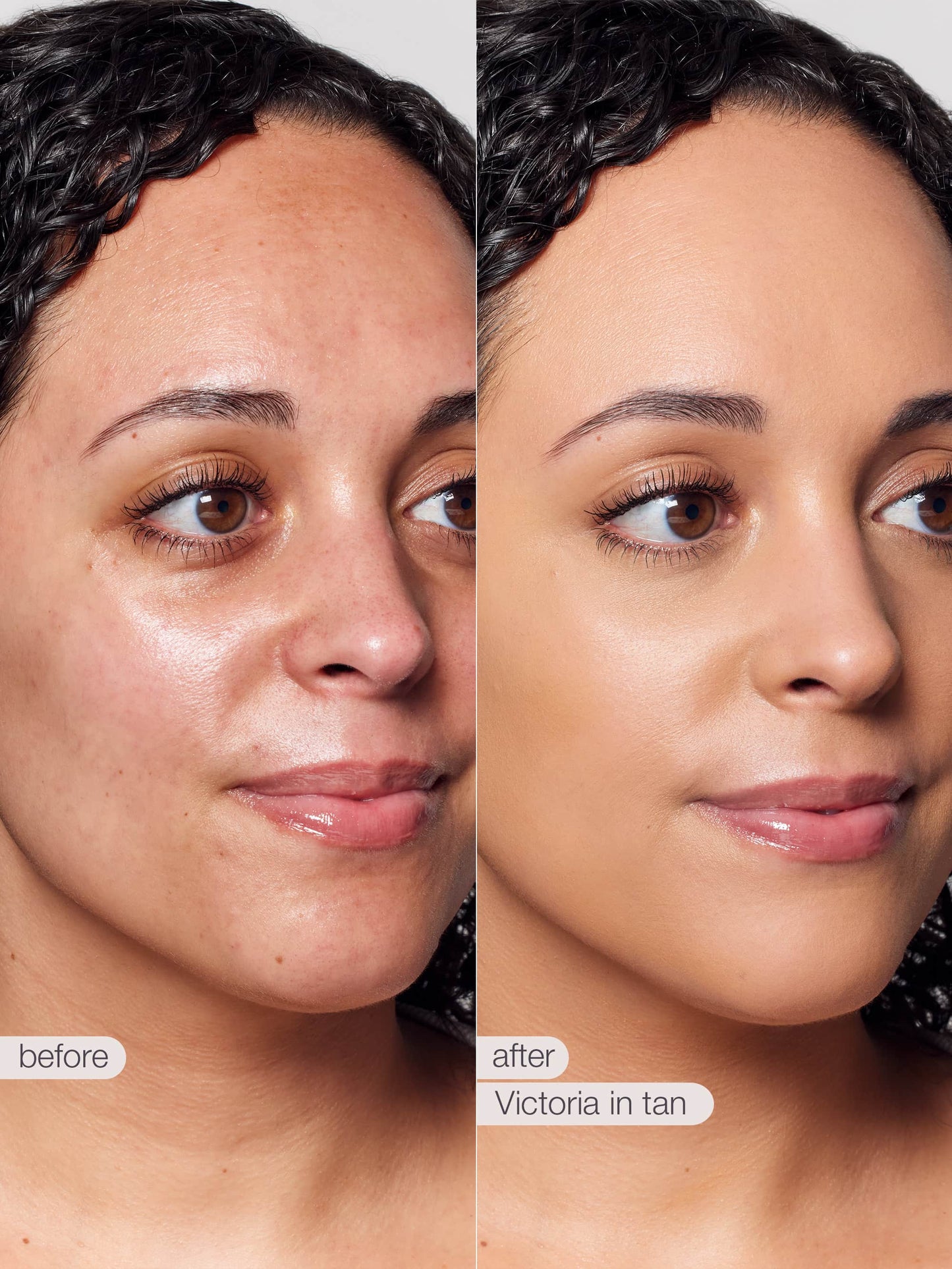 Before and after comparison of a woman's face with 'Victoria in tan' product application.