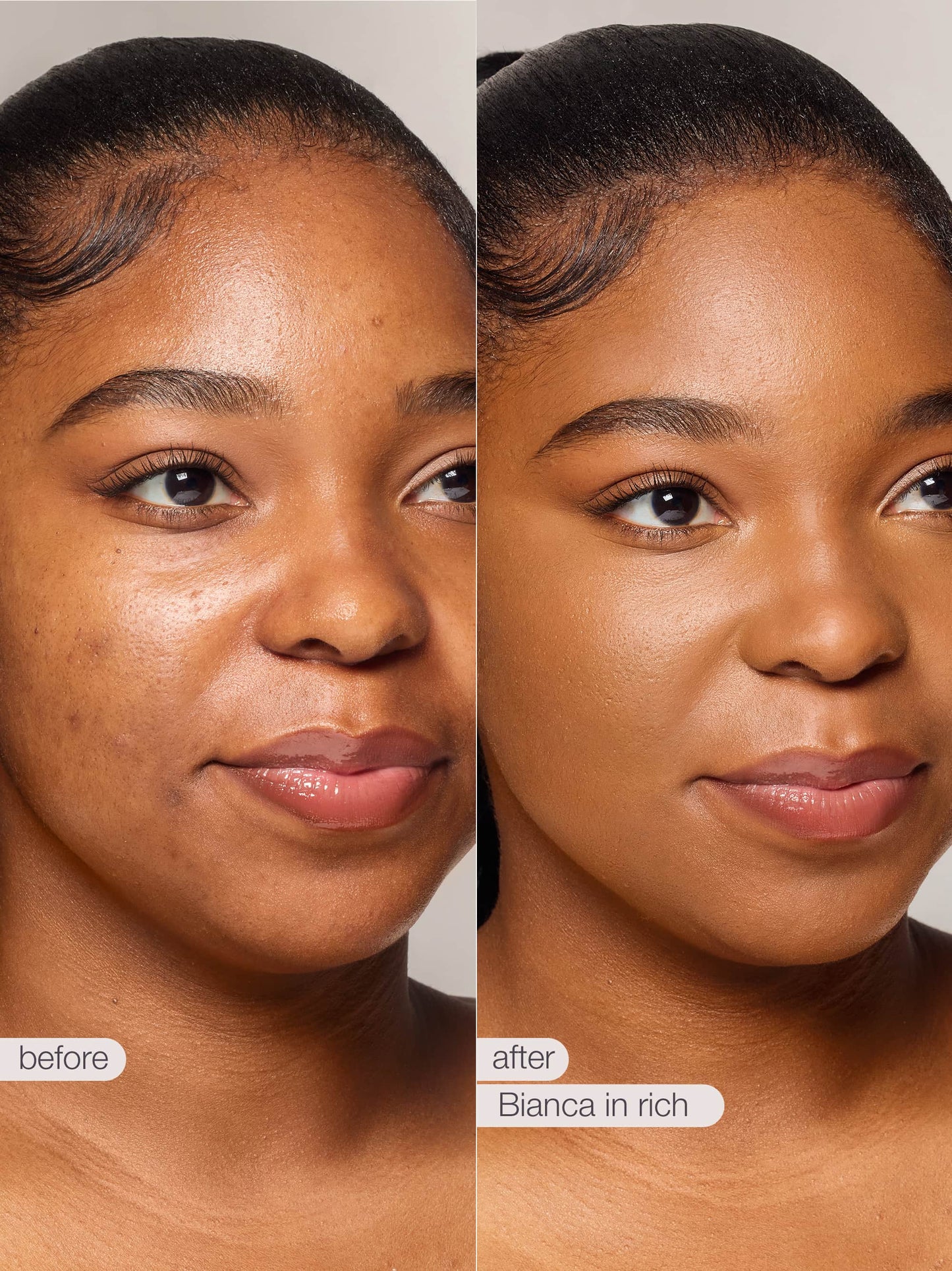 Before and after comparison of a woman's face with 'Bianca in rich' product application.