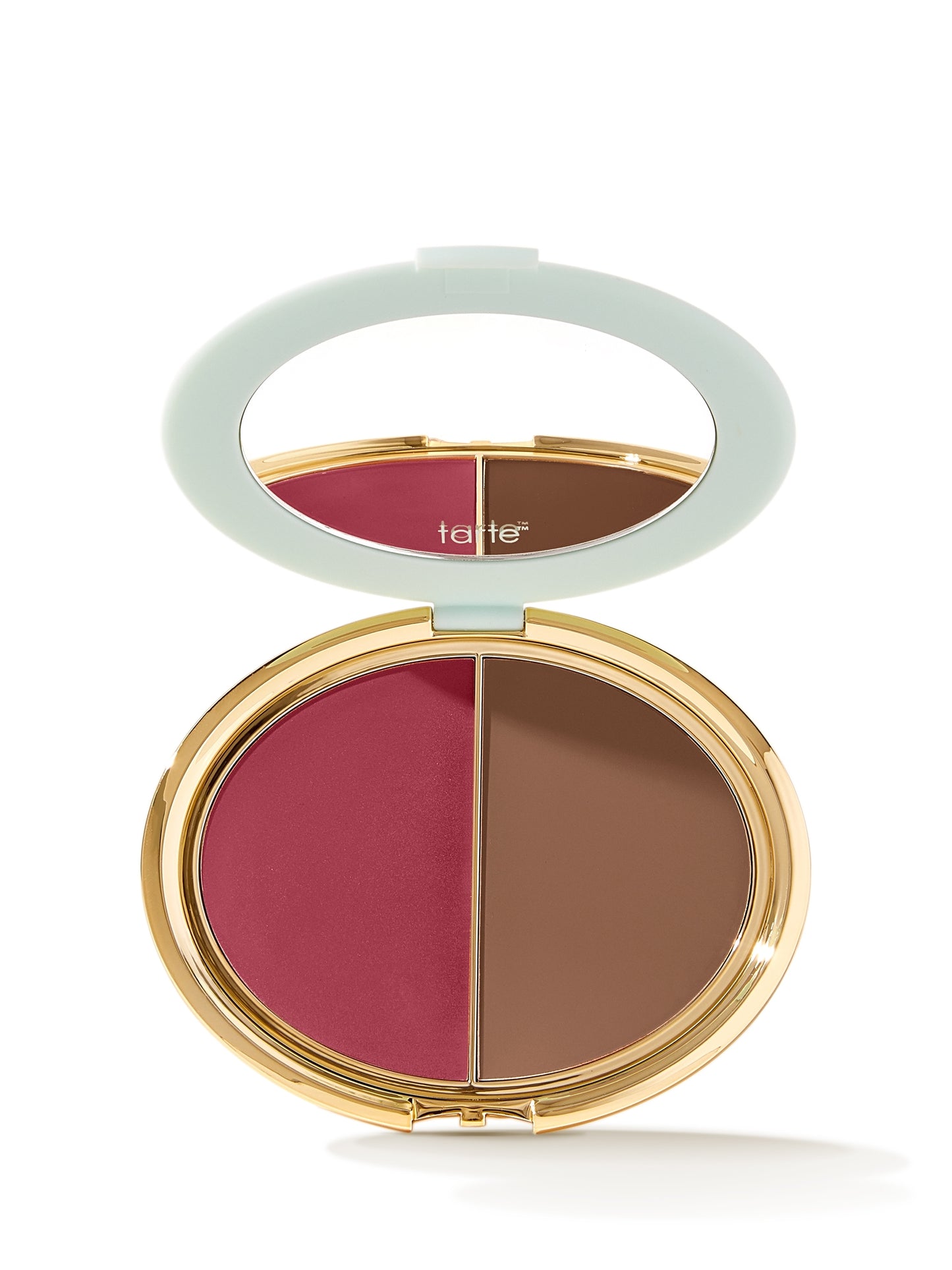 Tarte makeup compact with pink and brown shades on a white background