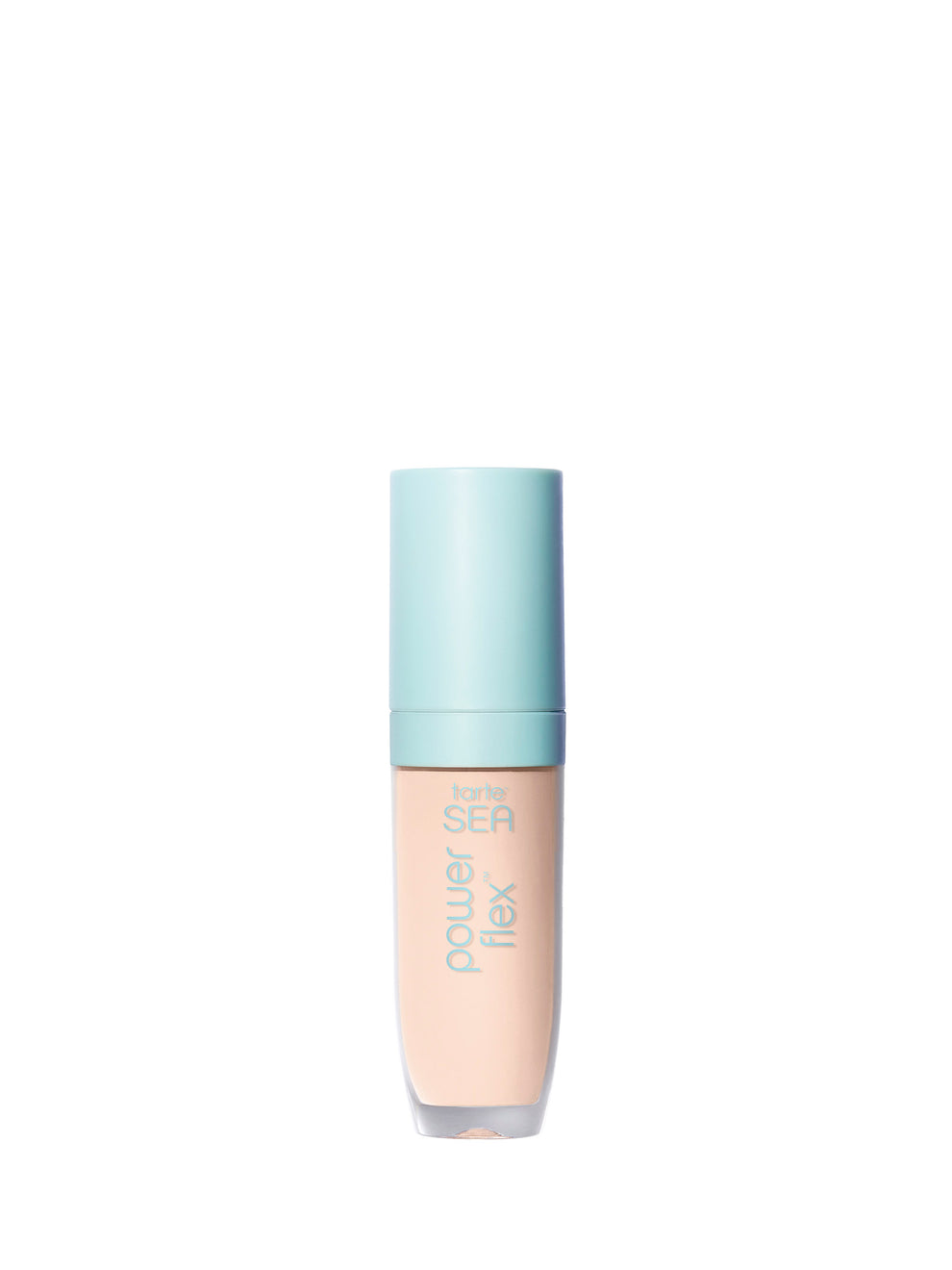Foundation bottle with blue cap on a white background