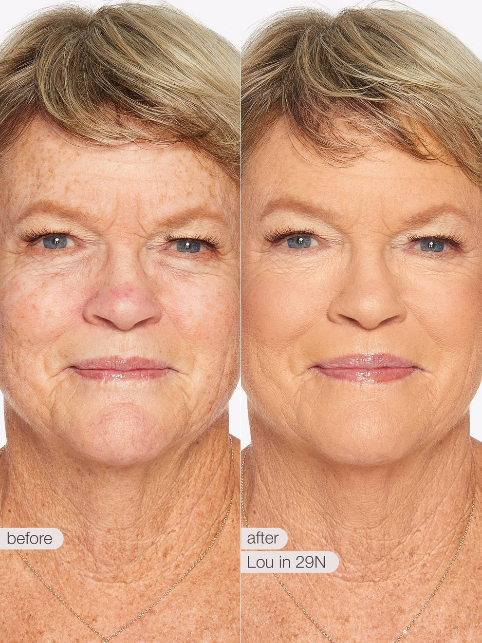 Before and after comparison of a woman's face with visible skin texture differences. using Tarte shape tape cloud coverage 