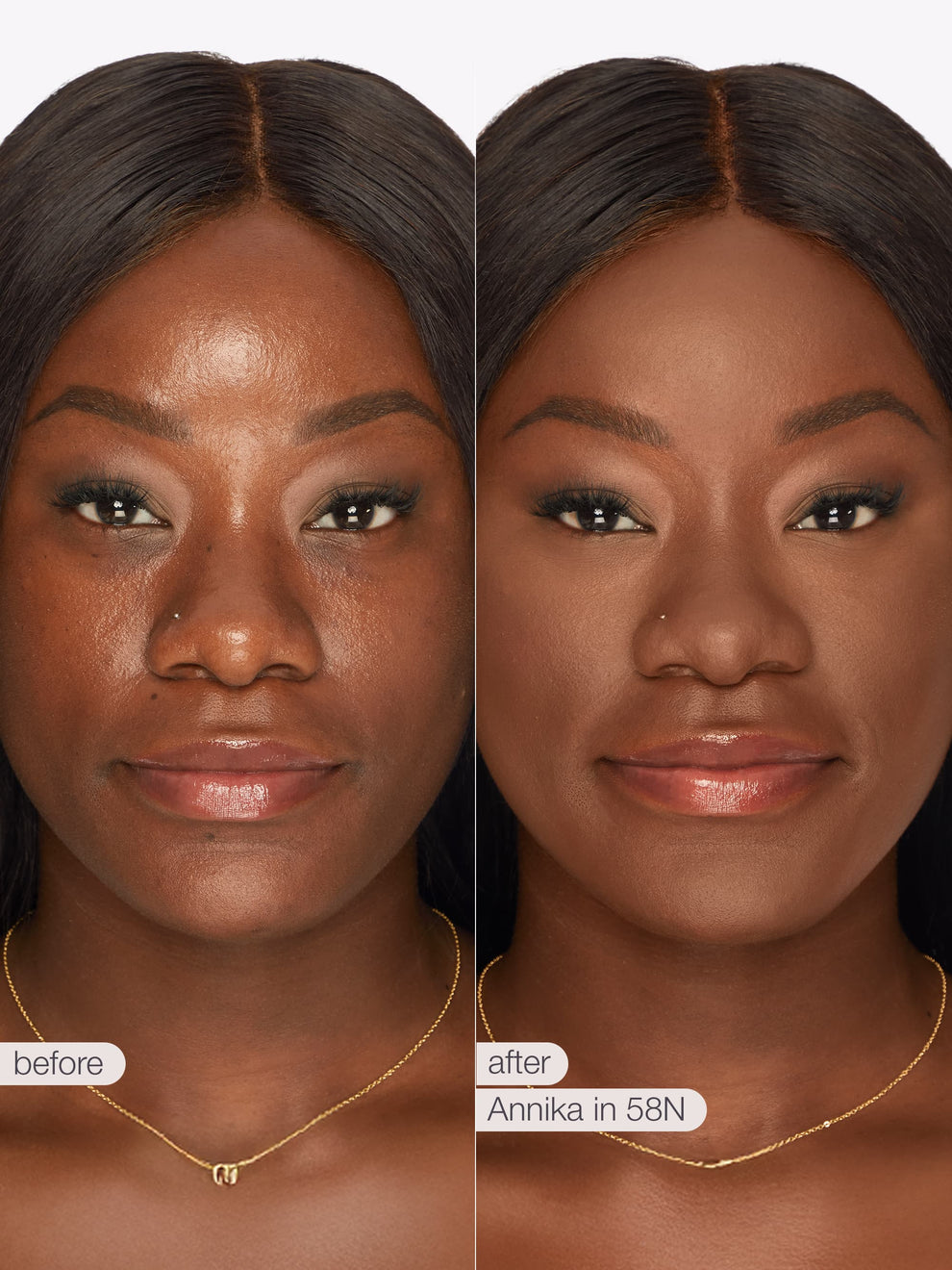 Before and after comparison of a woman's face with cosmetic application, wearing a gold necklace.