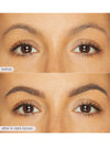 Before and after comparison of eye makeup application on a person's face.