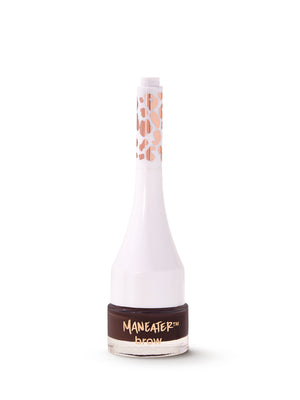 White bottle with brown label on a white background