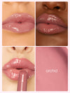 Collage of a pink lip color swatch on different skin tones with the word 'orchid'.