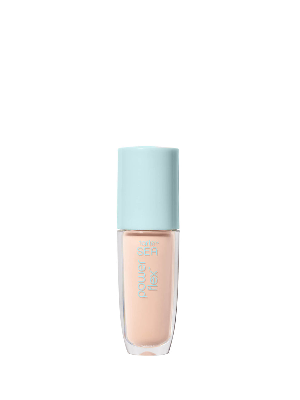 Foundation bottle with light blue cap on a white background