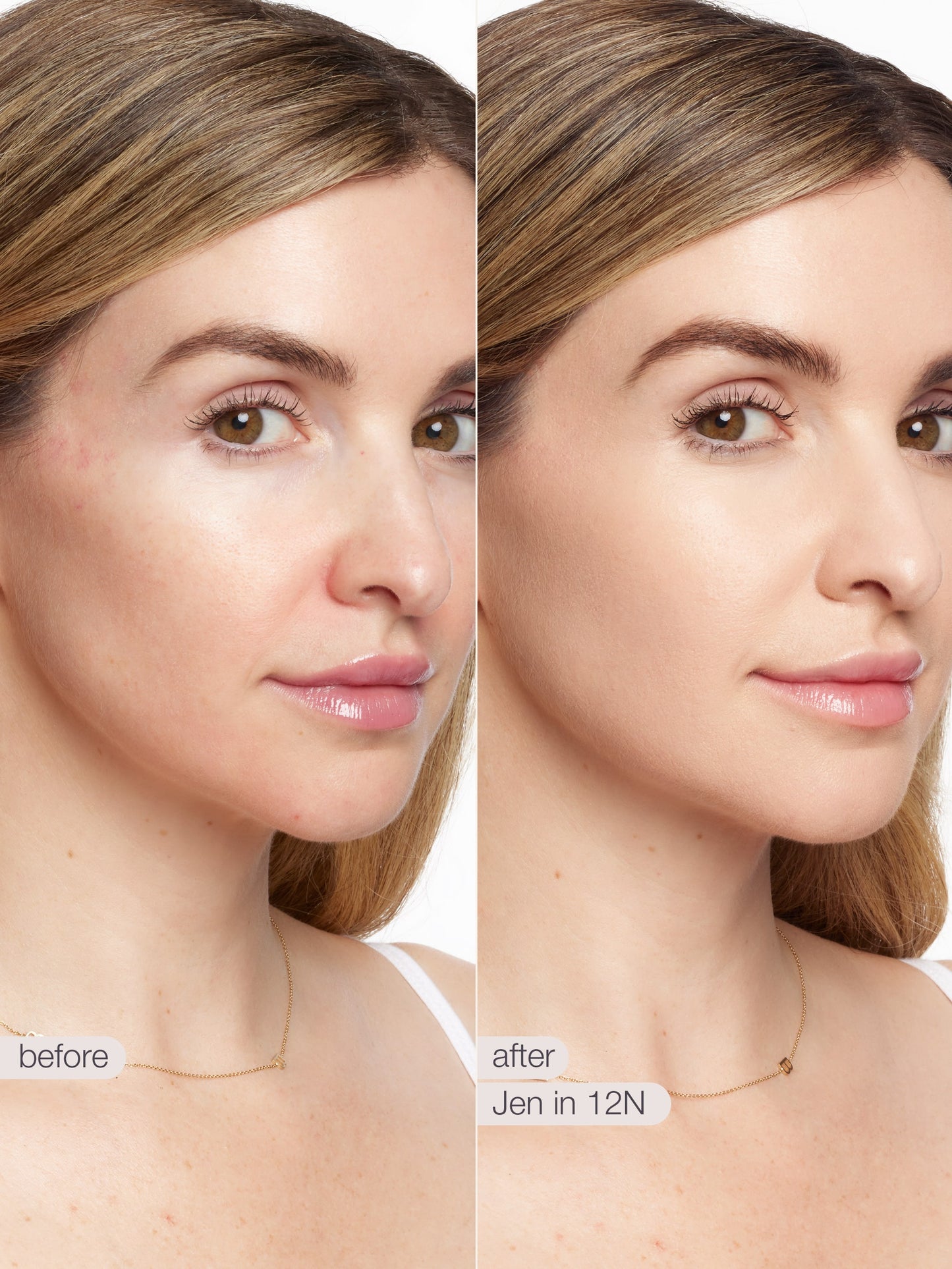 Before and after comparison of a woman's face with skincare product application.