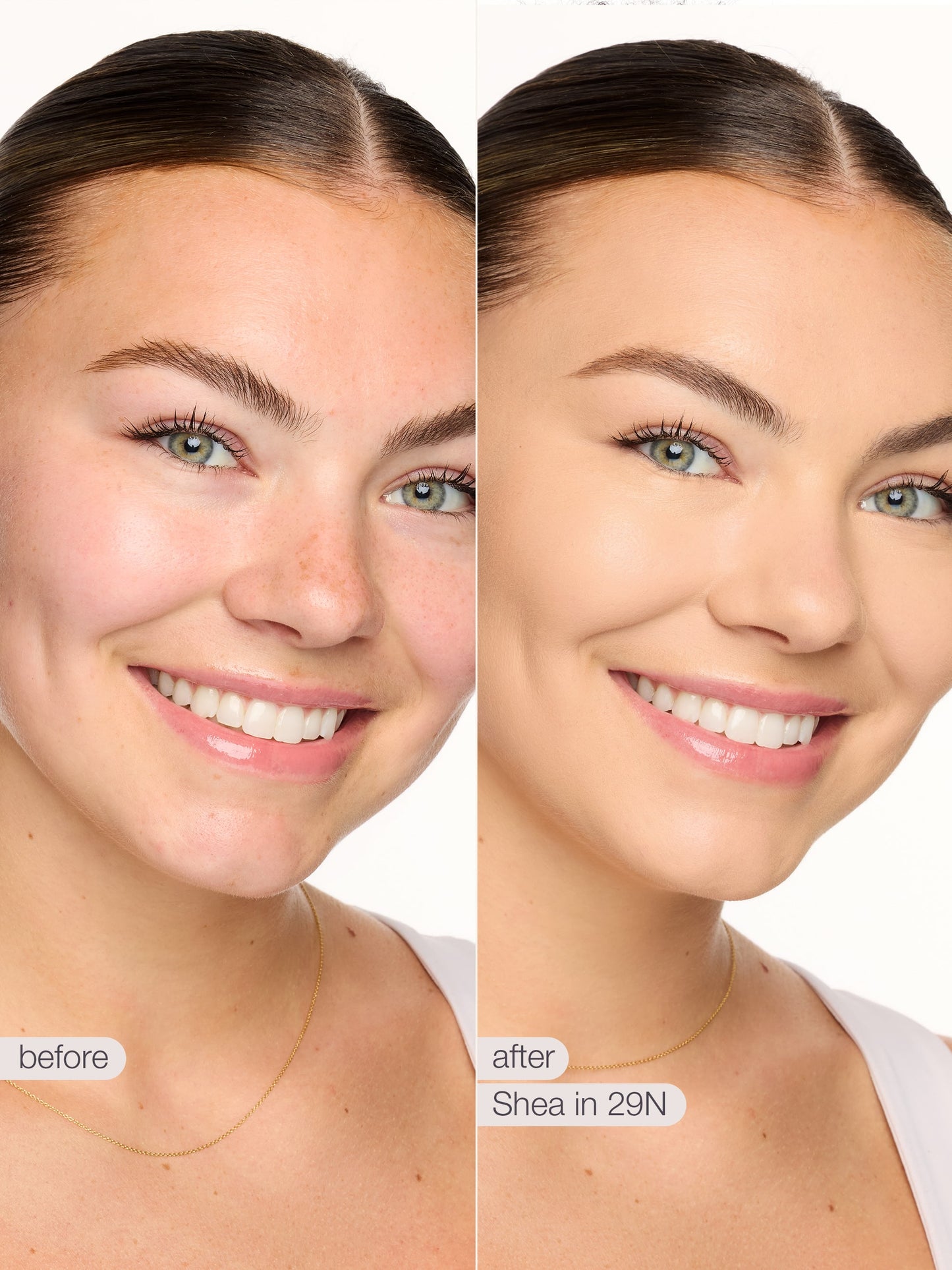 Before and after comparison of a woman's face with skincare product application.