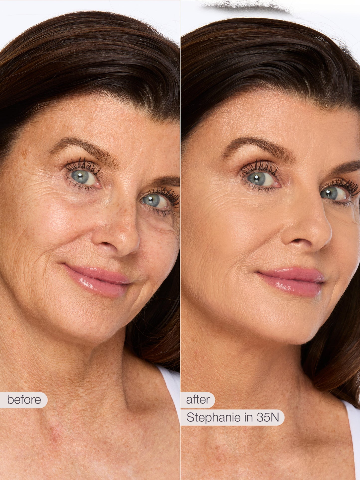 Before and after comparison of a woman's face with visible skin texture differences, labeled 'before' and 'after' with 'Stephanie in 35N'.