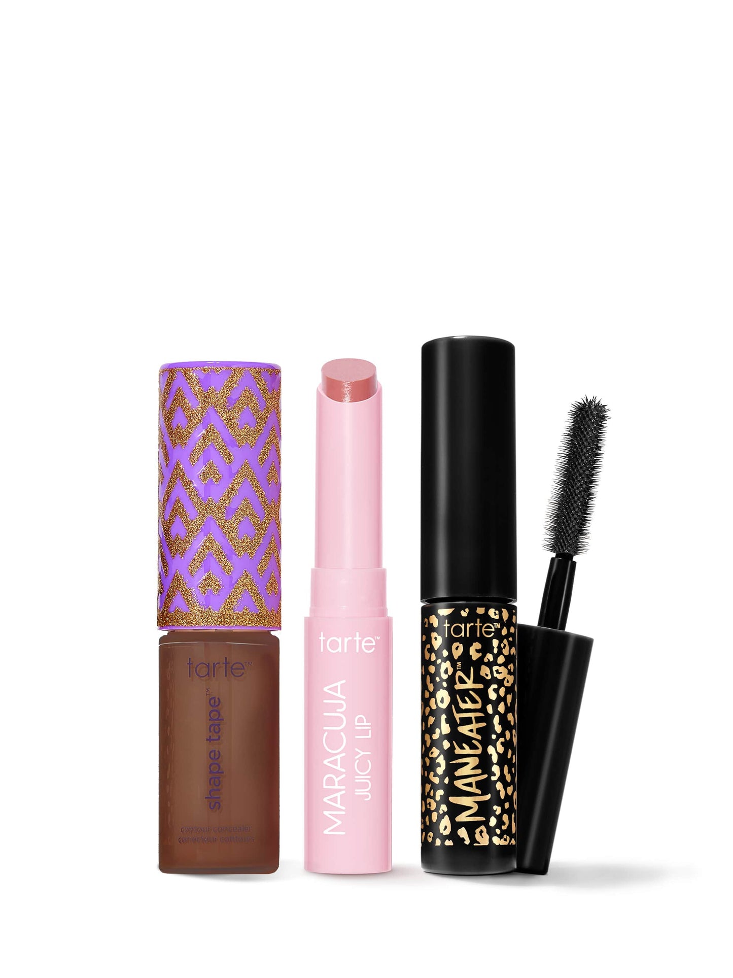 Tarte makeup products including lip gloss, lip balm, and mascara on a white background