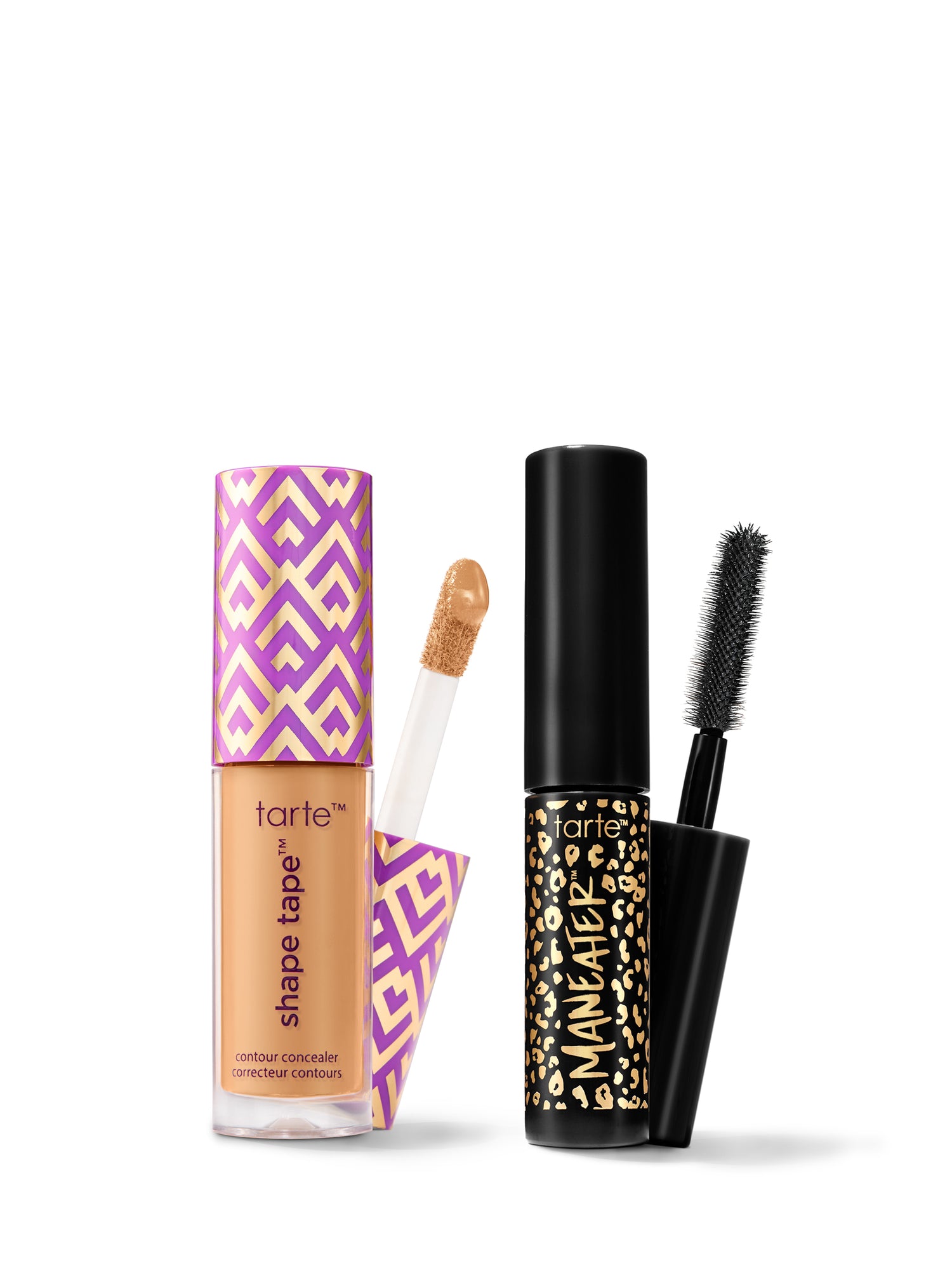 Tarte Shape Tape concealer and Maneater mascara on a white background