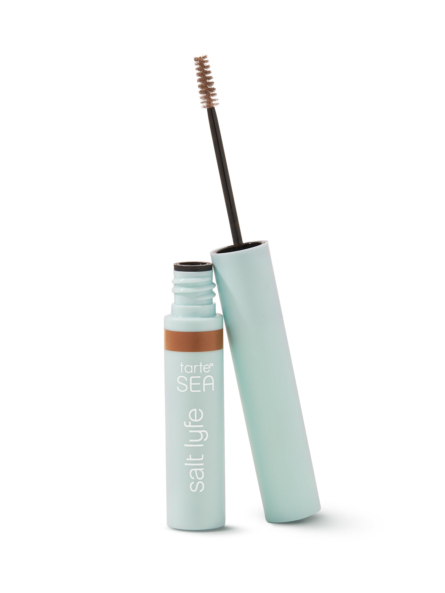 Brow gel with a light blue and brown design on a white background