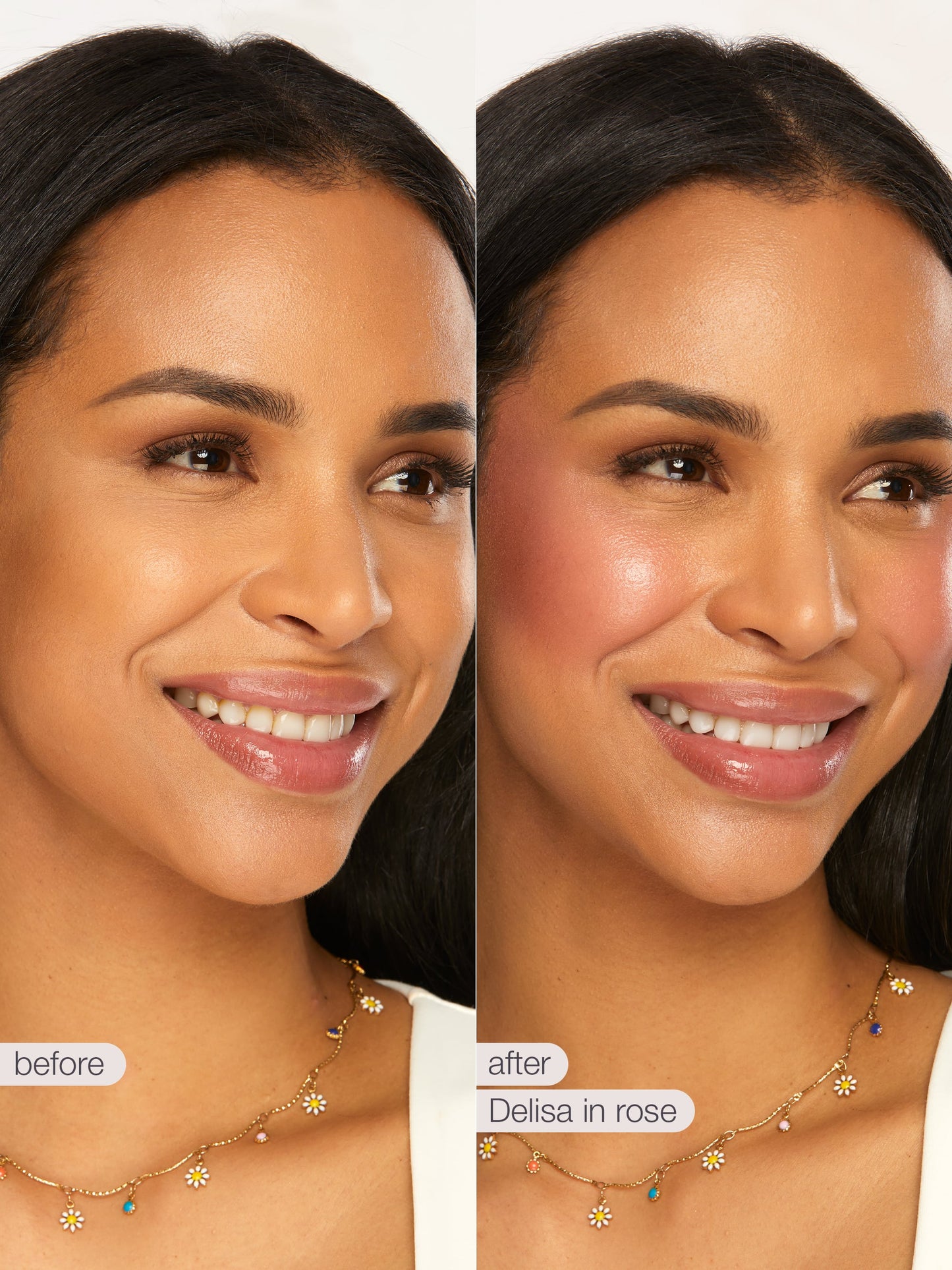Before and after comparison of a woman's face with cosmetic product application, wearing a necklace.