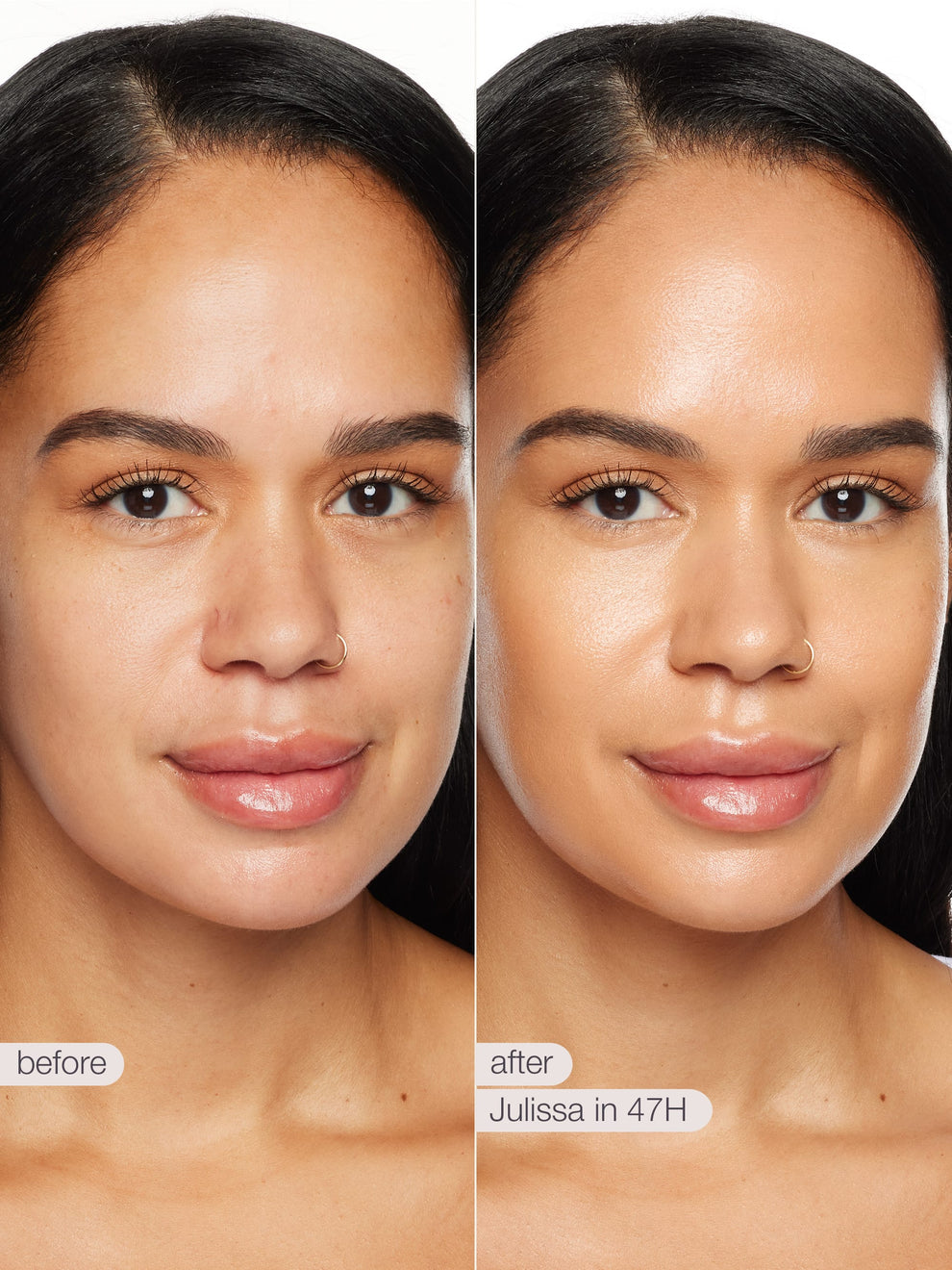 Before and after comparison of a woman's face with 'Julissa' product application.
