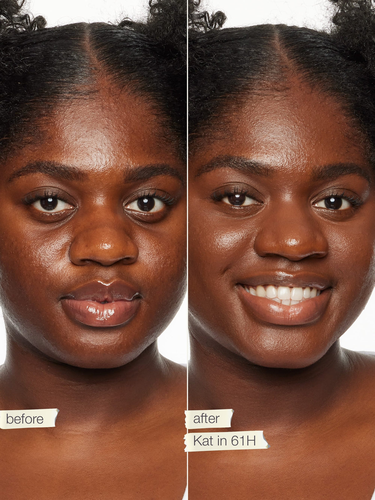 A split-screen before-and-after comparison of a woman's face using shape tape radiant concealer 'before' and smoother, more radiant skin on the right labeled 'after Kat in 61H'.