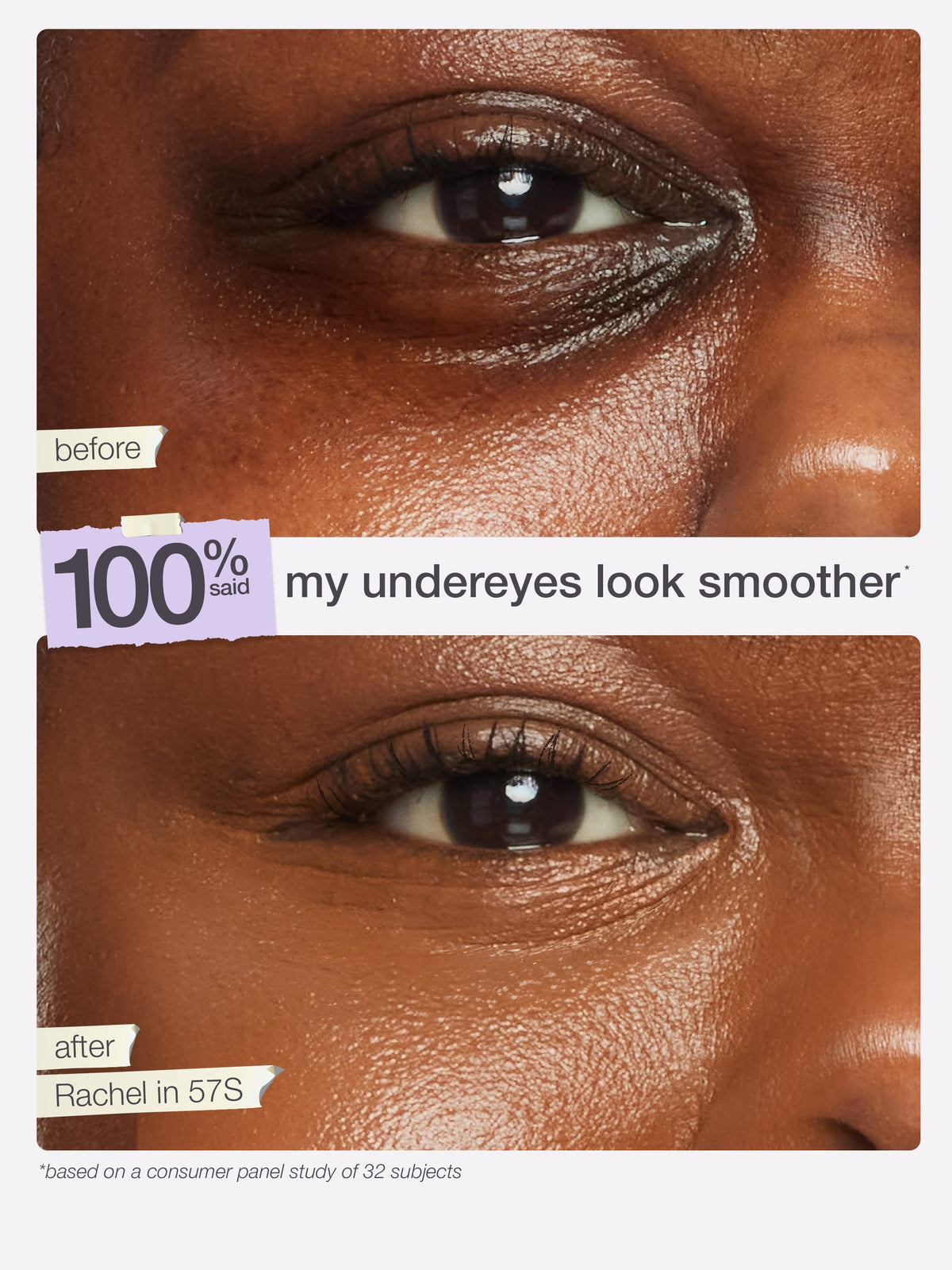 Before-and-after comparison of a person's undereye area using shape tape radiant concealer, with text reading 'before', '100% said my undereyes look smoother', and 'after Rachel in 57S'.