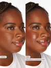 Before and after comparison of a woman's face with makeup application, labeled 'before' and 'after' on a white background.
