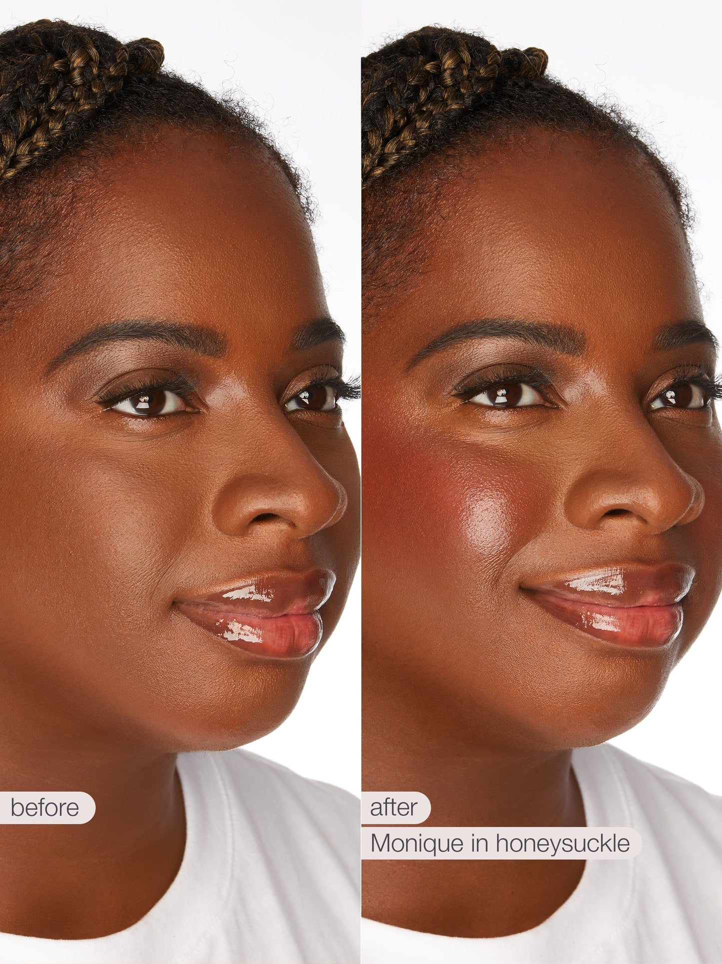 Before and after comparison of a woman's face with makeup application, labeled 'before' and 'after' on a white background.