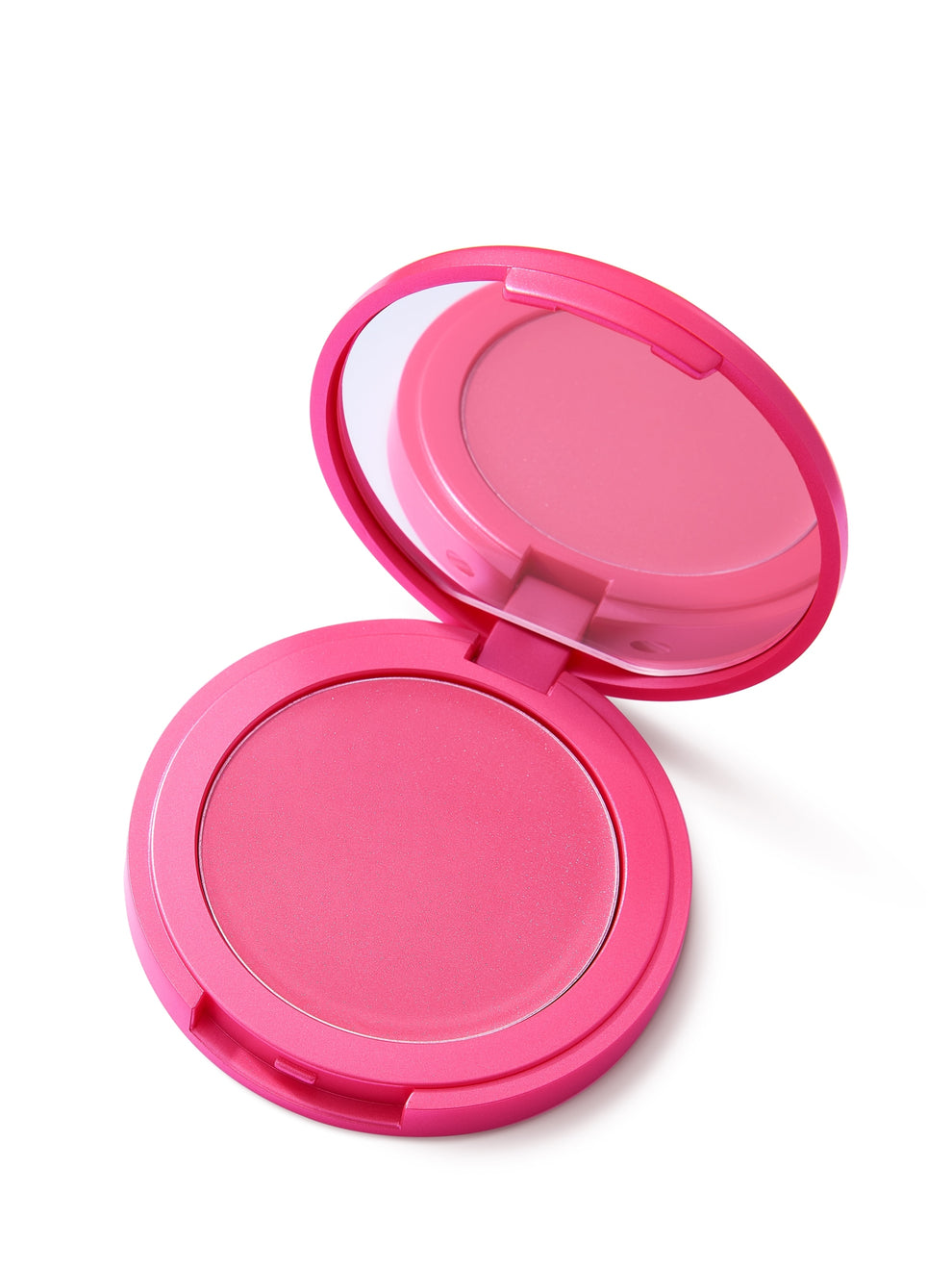 Pink makeup compact with mirror on a white background