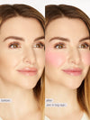 Before and after comparison of a woman's face with blush application labeled 'Jen in big ego'.