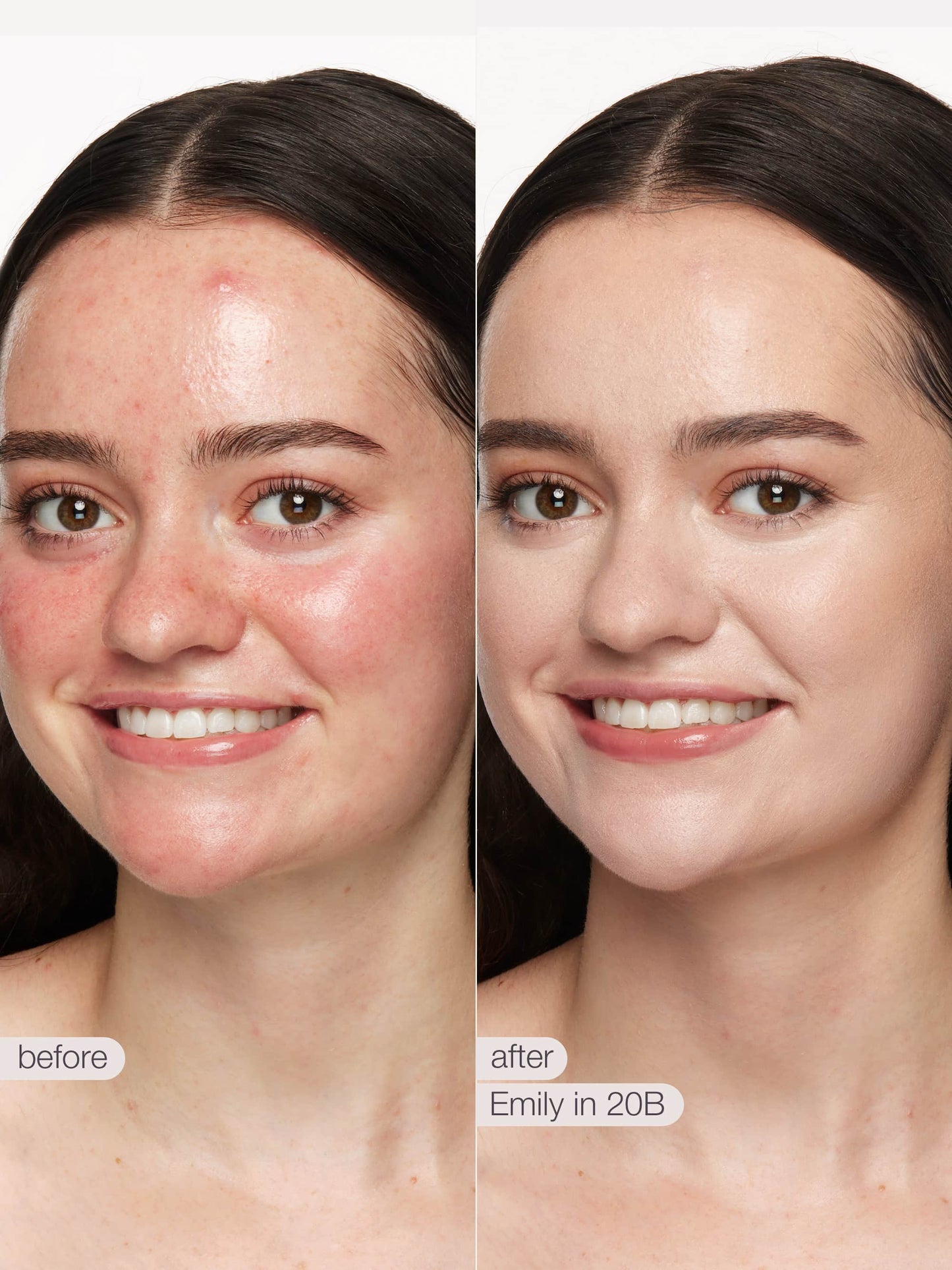 Before and after comparison of a woman's face with makeup application labeled 'Emily in 20B'.