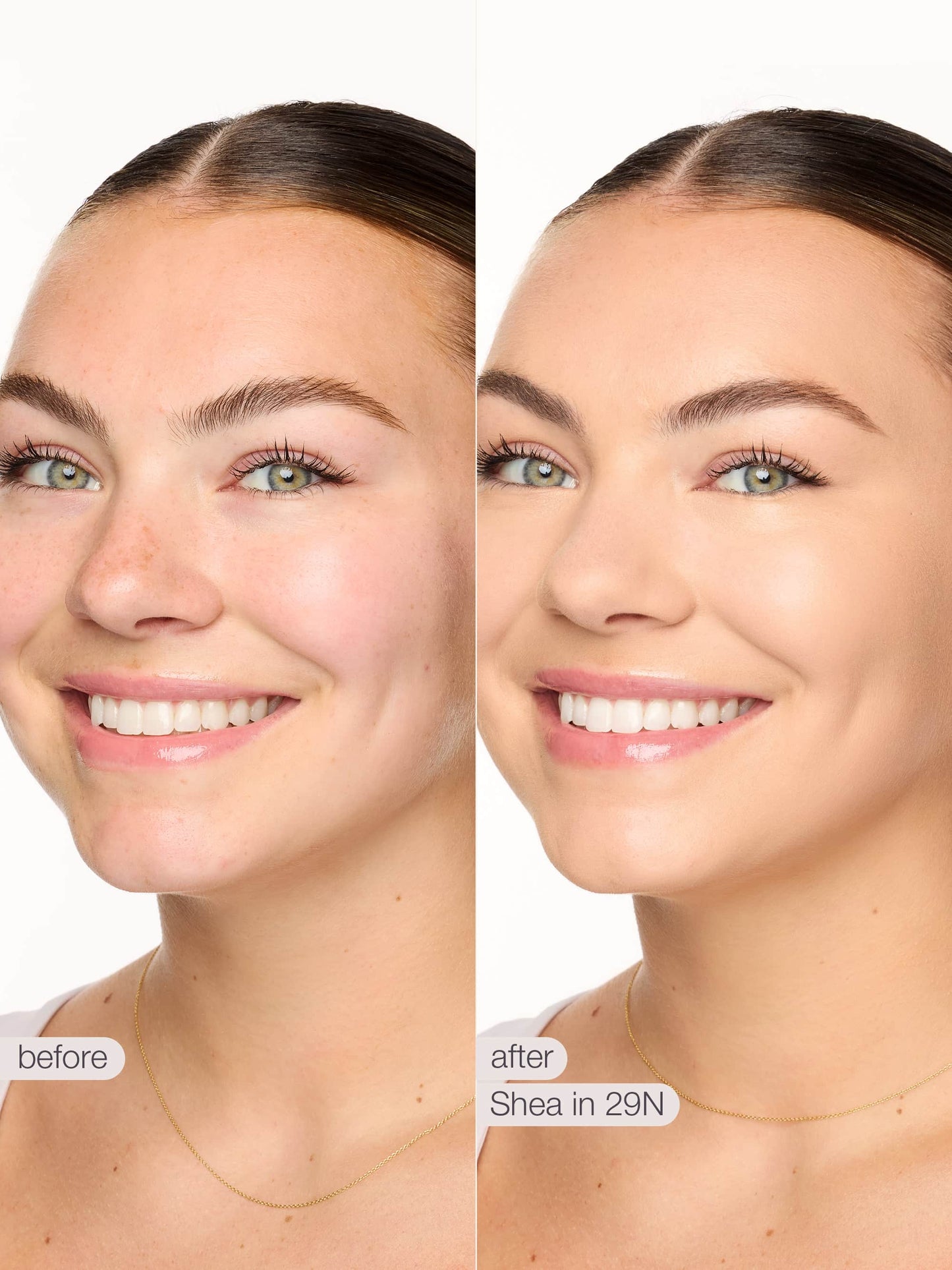 Before and after comparison of a woman's face with skincare product application.