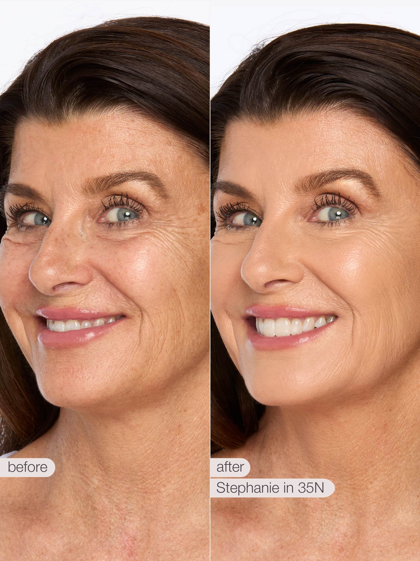 A woman's face is shown in before-and-after images. On the left, labeled before, her skin appears natural. On the right, labeled after Shape Tape™ Ultra Creamy Concealer, her complexion looks smoother and more even.