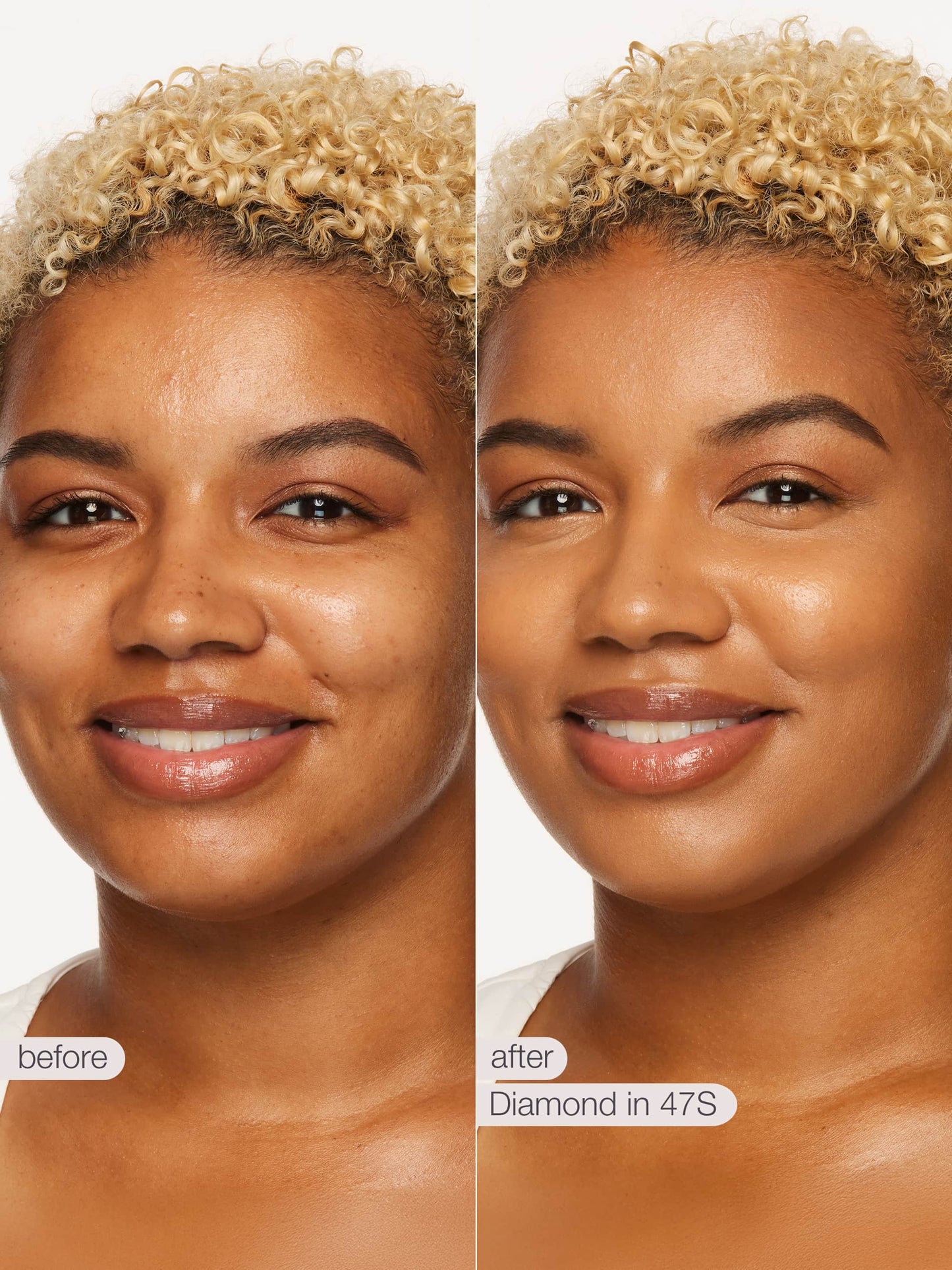 Before and after comparison of a woman's face with 'Diamond in 47S' product application.