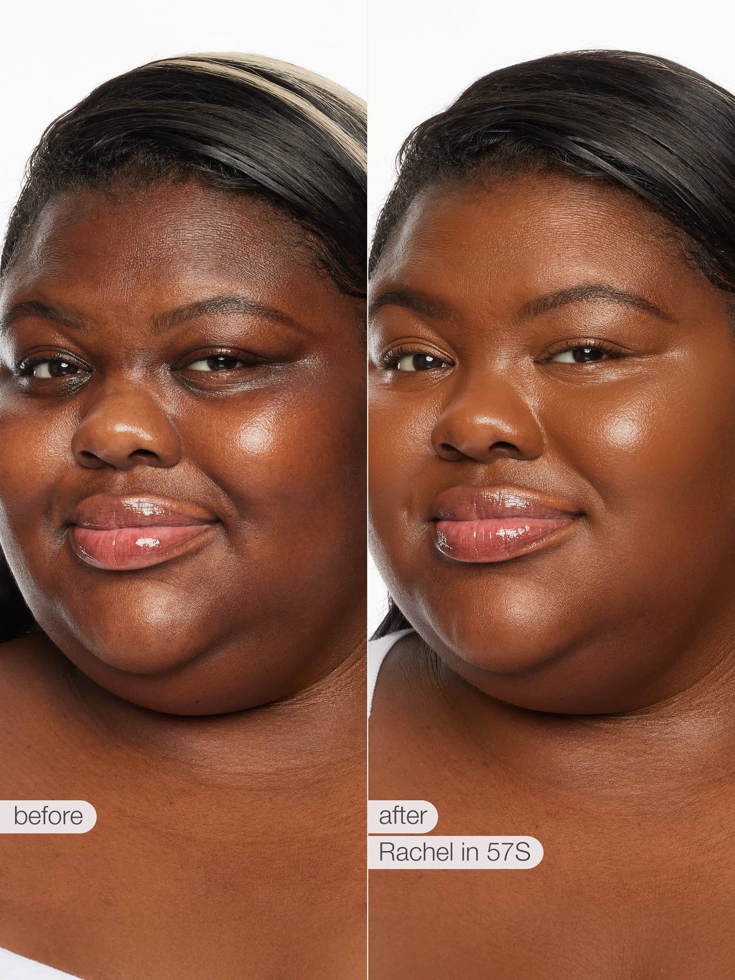 Before and after comparison of a woman's face with 'before' and 'after' labels.