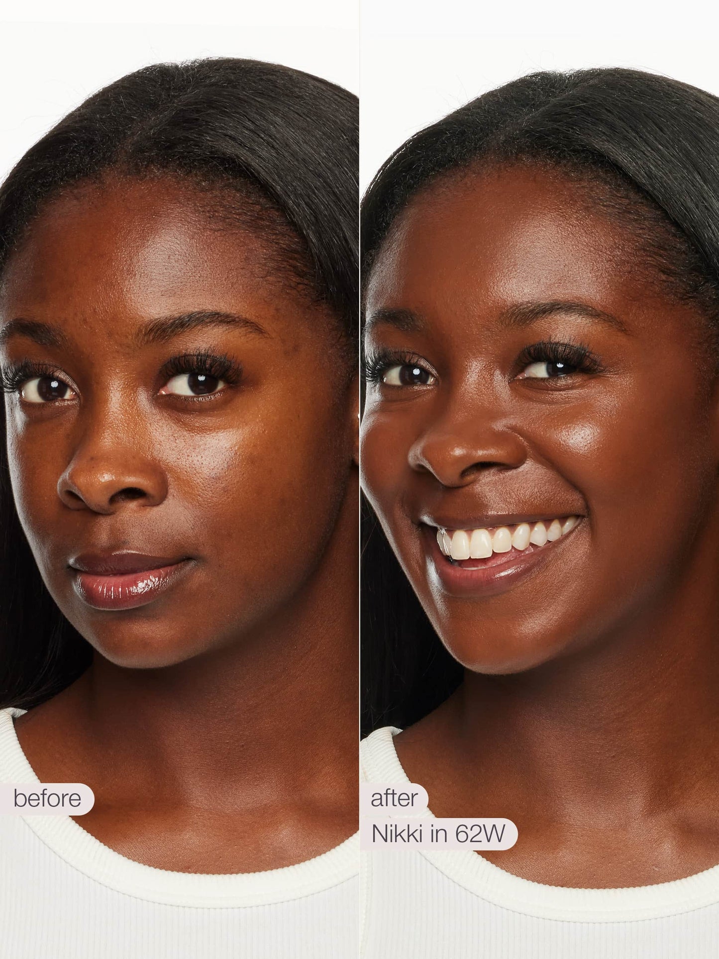 Before and after comparison of a woman's face with text indicating product name and color.