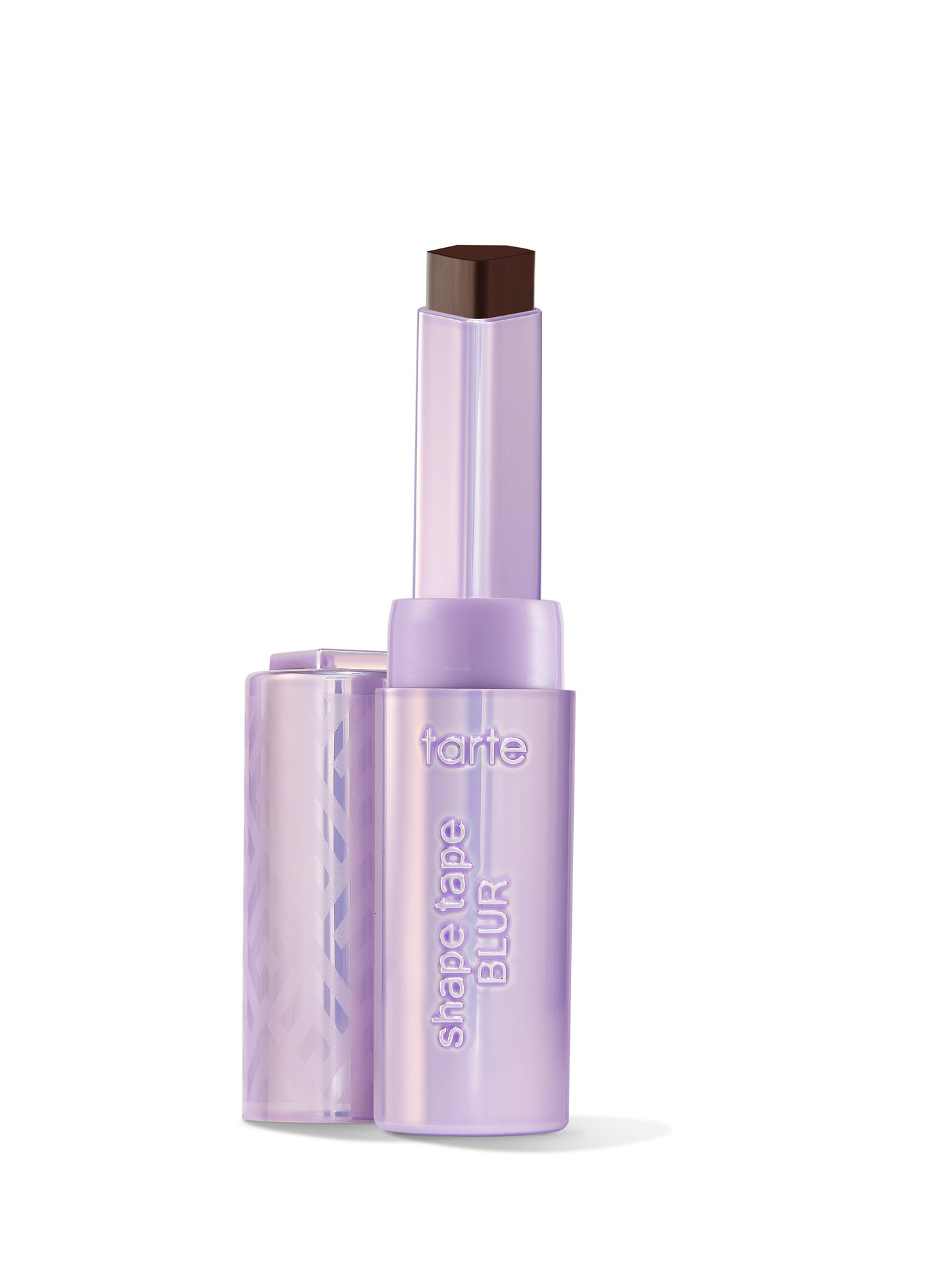 Purple makeup product with brown applicator on a white background