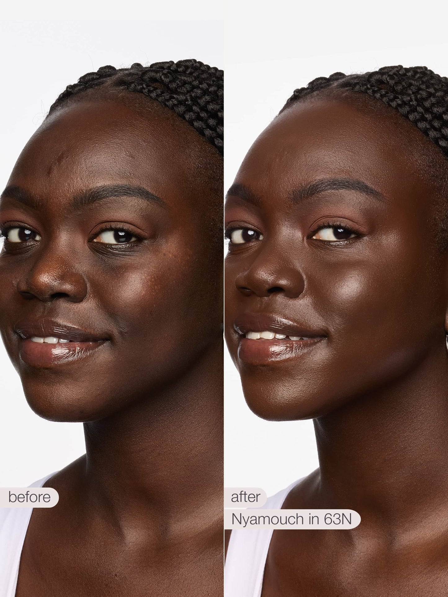 Before and after comparison of a woman's face with Nyamouchi in 63N on a white background