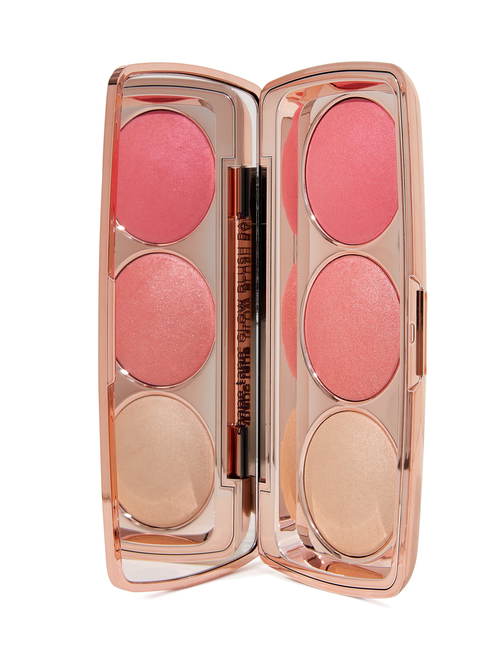 Makeup palette with pink and beige shades on a white background