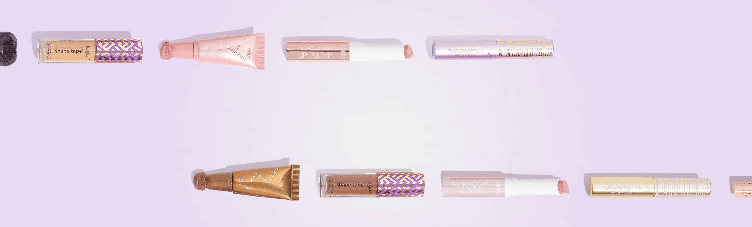 two rows of five mini size products moving across a pink background